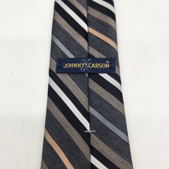 Vintage Johnny‎ Carson Tie Necktie Striped Black Gray Tan White EUC - Picture 4 of 7